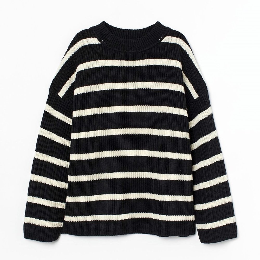 H&M Rib-knit Sweater Black & Natural White Striped Medium